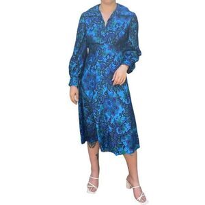 Vintage 1970s Womens Handmade Blue Floral Psychedelic Floral Disco Collar Dress